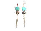 Dyed Turquoise Bear, with large Smokey Quartz sphere & Long Silver Spike Drop Earrings