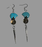 Dyed Turquoise Bear, with large Smokey Quartz sphere & Long Silver Spike Drop Earrings